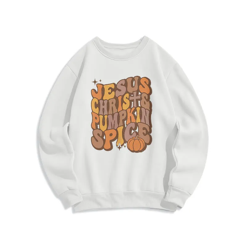 Christianartworkshop Jesus Christ & Pumpkin Spice Autumn Blessings Fleece Lined Polyester Sweatshirt sold by Christian Art Workshop