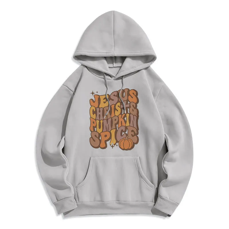 Christianartworkshop Jesus Christ & Pumpkin Spice Autumn Blessings Fleece Lined Polyester Hoodie sold by Christian Art Workshop
