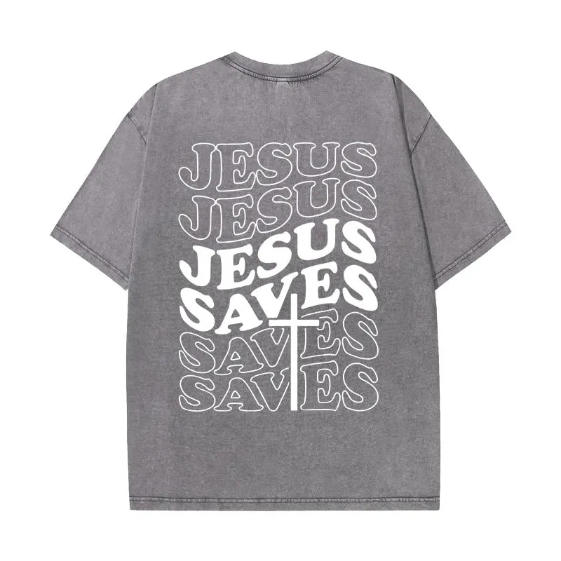 Christianartworkshop Jesus Saves Cross Graphic Unisex Washed T - Shirt sold by Christian Art Workshop