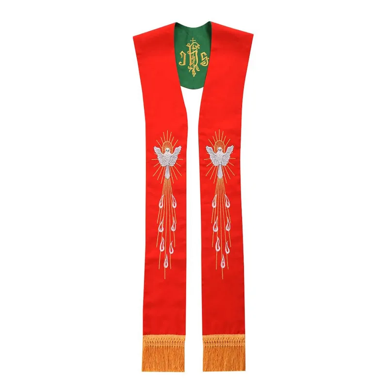 Christianartworkshop Exquisite Red Clergy Stole: Holy Spirit Dove, Flame & Golden Fringe sold by Christian Art Workshop