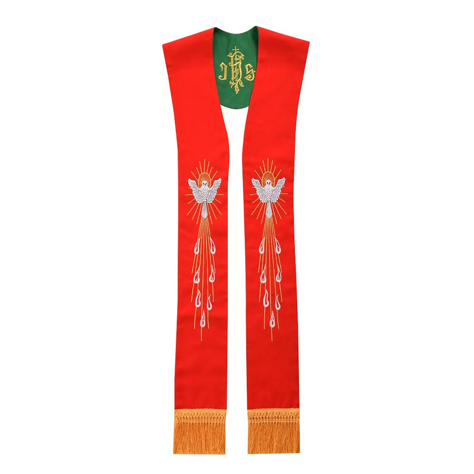Christianartworkshop Exquisite Red Clergy Stole: Holy Spirit Dove, Flame & Golden Fringe sold by Christian Art Workshop