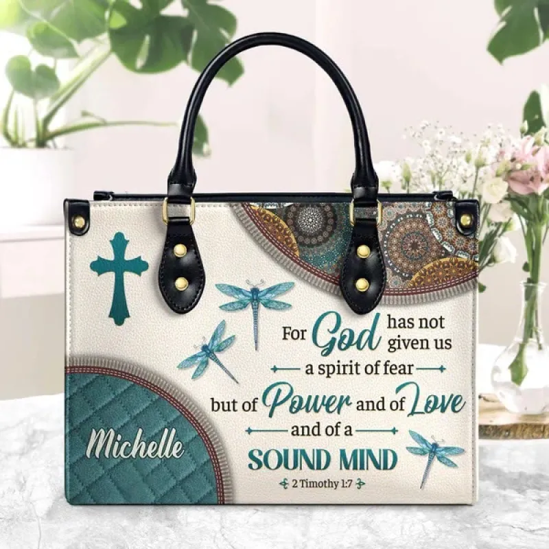Christianartworkshop Faith & Nature Personalized Leather Handbag: Cross, Dragonflies & Bible Verse sold by Christian Art Workshop