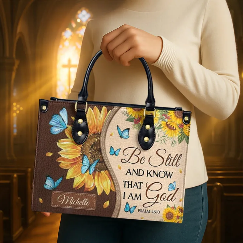 Christianartworkshop Sunflower - Butterfly Personalized Leather Handbag with Biblical Inspiration sold by Christian Art Workshop