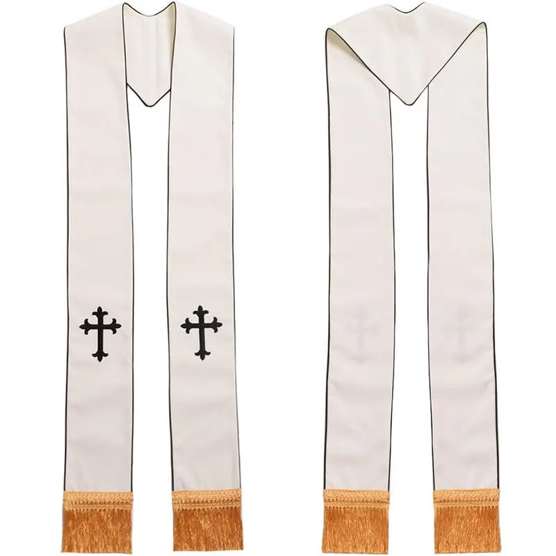 Christianartworkshop Ceremonial White Clergy Stole with Colored Crosses and Golden Fringe sold by Christian Art Workshop