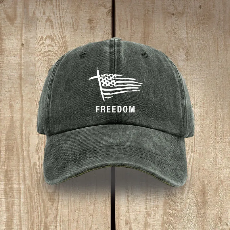 Christianartworkshop Adjustable Cross and FREEDOM Emblem Headwear Washed Hat sold by Christian Art Workshop