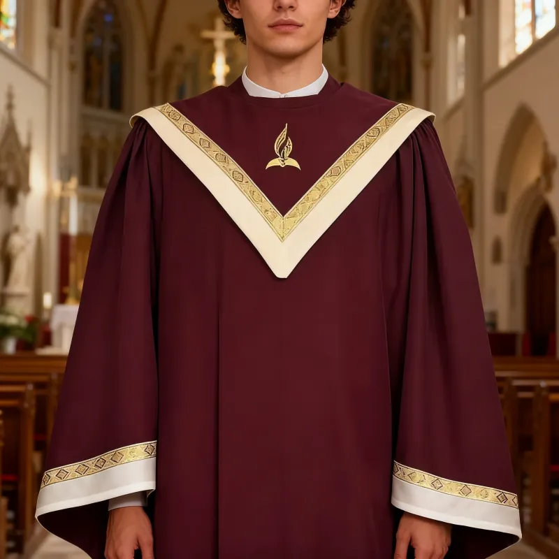 Christianartworkshop Burgundy Clergy Robe with Golden Holy Spirit Detail & V-Collar Design sold by Christian Art Workshop