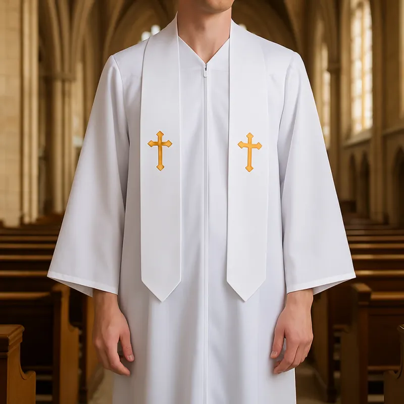 Christianartworkshop Elegant Black & White Clergy Robes: Golden Cross Detail sold by Christian Art Workshop