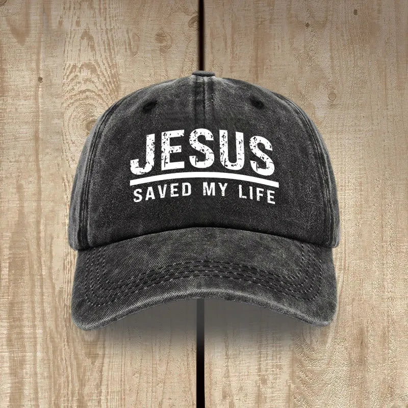 Christianartworkshop Bold Vintage Jesus Saved My Life Unisex Distressed Washed Cotton Hat sold by Christian Art Workshop product image thumbnail 3