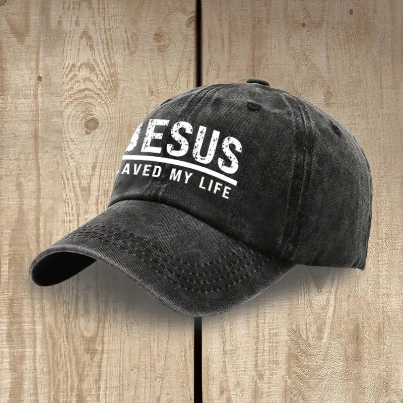 Christianartworkshop Bold Vintage Jesus Saved My Life Unisex Distressed Washed Cotton Hat sold by Christian Art Workshop product image thumbnail 4
