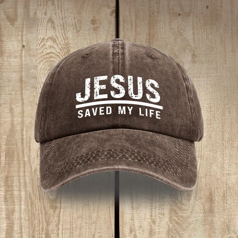 Christianartworkshop Bold Vintage Jesus Saved My Life Unisex Distressed Washed Cotton Hat sold by Christian Art Workshop