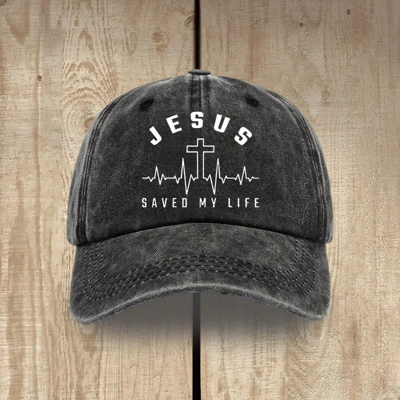 Christianartworkshop Jesus Saved My Life and Heartbeat Graphic Unisex Distressed Washed Cotton Hat sold by Christian Art Workshop product image thumbnail 3