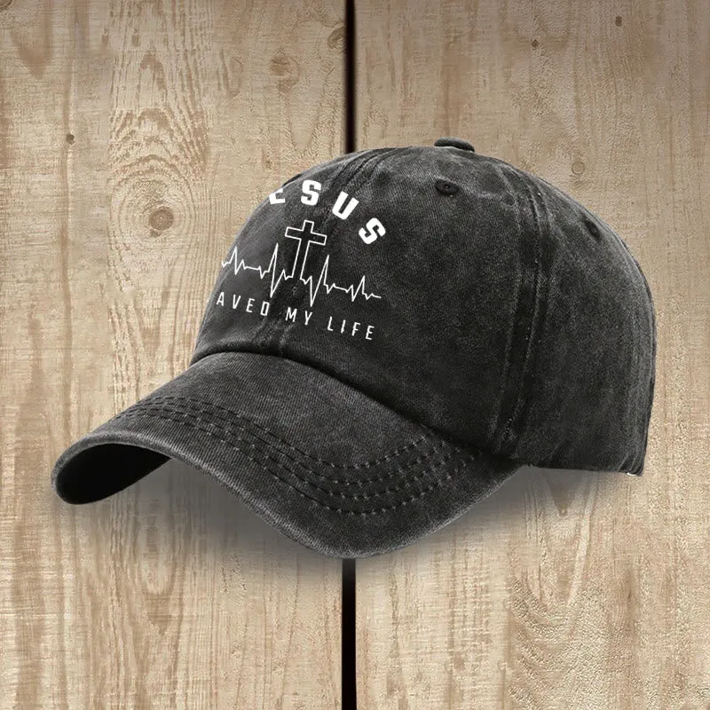 Christianartworkshop Jesus Saved My Life and Heartbeat Graphic Unisex Distressed Washed Cotton Hat sold by Christian Art Workshop product image thumbnail 4