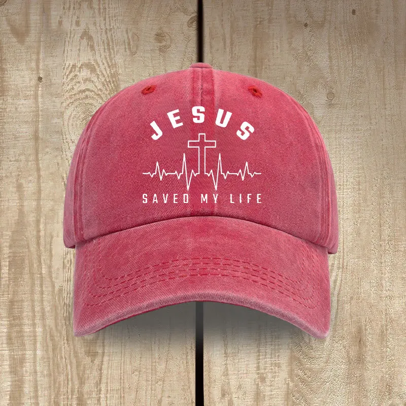 Christianartworkshop Jesus Saved My Life and Heartbeat Graphic Unisex Distressed Washed Cotton Hat sold by Christian Art Workshop