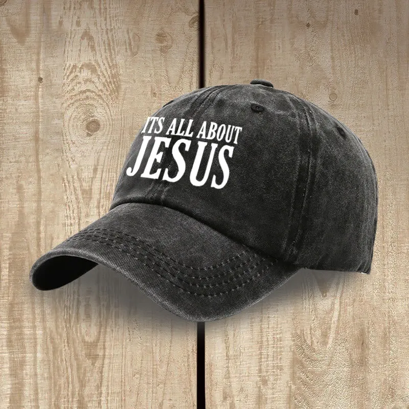 Christianartworkshop Heritage Style It's All About Jesus Unisex Distressed Washed Cotton Hat sold by Christian Art Workshop product image thumbnail 4