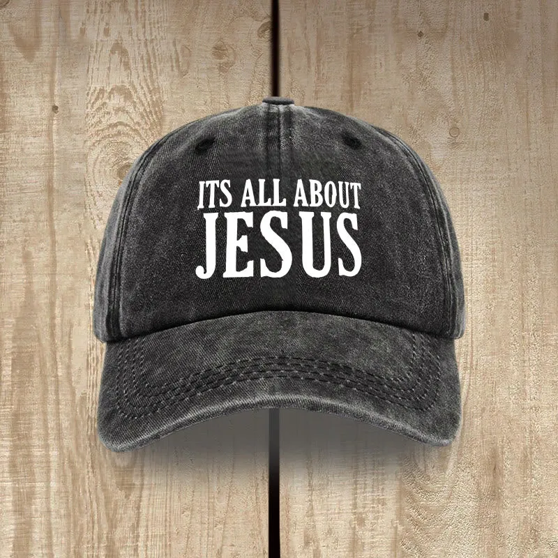 Christianartworkshop Heritage Style It's All About Jesus Unisex Distressed Washed Cotton Hat sold by Christian Art Workshop product image thumbnail 3