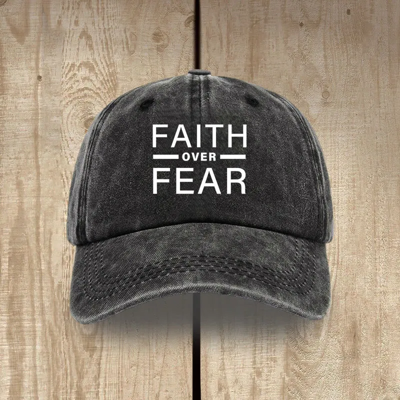 Christianartworkshop Minimalist Bold Statement Faith Over Fear Unisex Distressed Washed Cotton Hat sold by Christian Art Workshop product image thumbnail 3