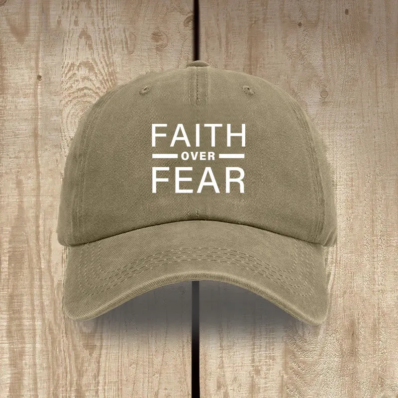 Christianartworkshop Minimalist Bold Statement Faith Over Fear Unisex Distressed Washed Cotton Hat sold by Christian Art Workshop