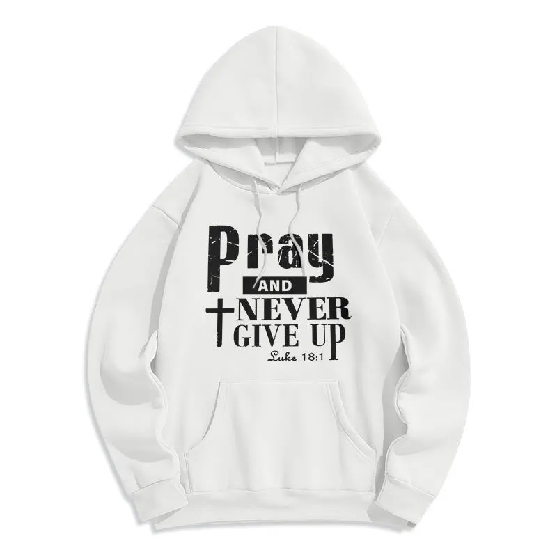 Christianartworkshop Cross & Scripture Pray And Never Give Up Fleece Lined Polyester Hoodie sold by Christian Art Workshop product image thumbnail 3