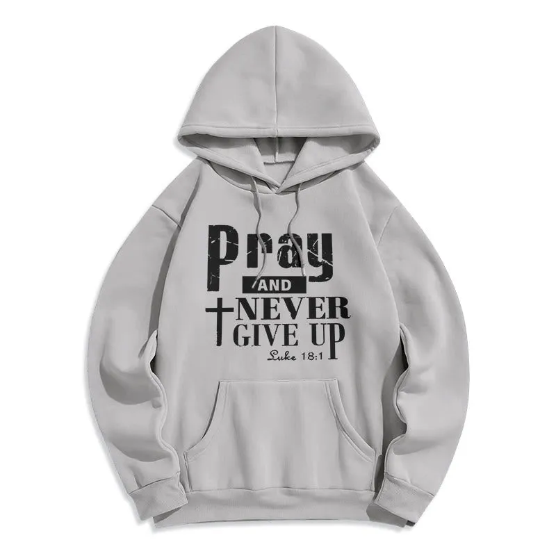 Christianartworkshop Cross & Scripture Pray And Never Give Up Fleece Lined Polyester Hoodie sold by Christian Art Workshop product image thumbnail 4