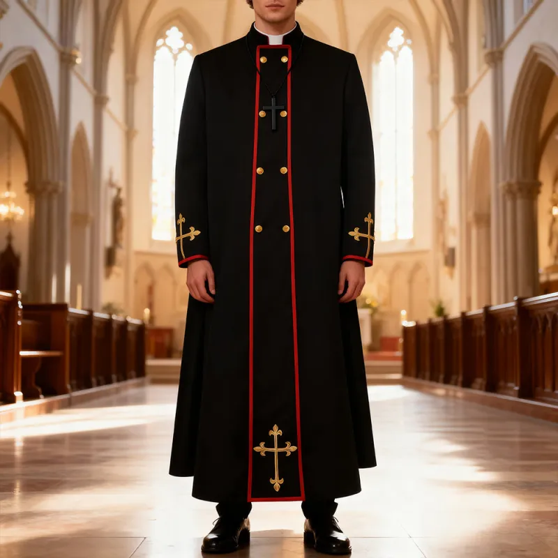 Christianartworkshop Double - Breasted Clergy Robe with Golden Cross & Red Trim sold by Christian Art Workshop