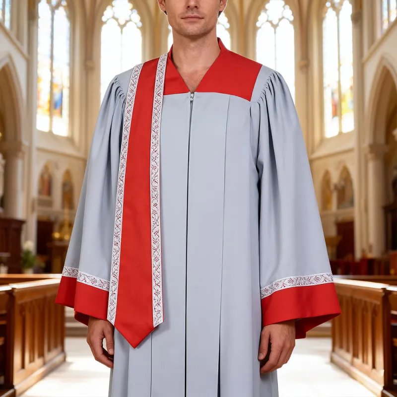 Christianartworkshop Sacred Ceremony Clergy Robe - Gray & Red with Delicate Detailing sold by Christian Art Workshop