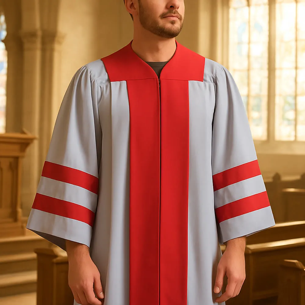 Christianartworkshop Formal Clergy Robe with Red & Gray Contrast Design sold by Christian Art Workshop