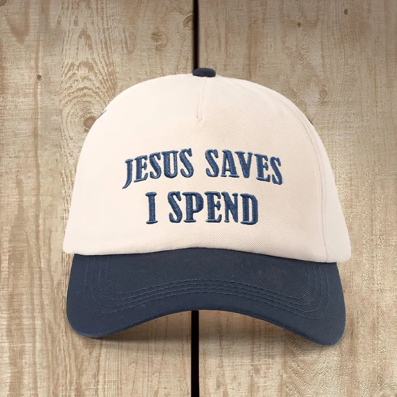 Christianartworkshop Jesus Saves I Spend Color - Blocked Hat: Faithful Humor for Everyday Wear sold by Christian Art Workshop product image thumbnail 5