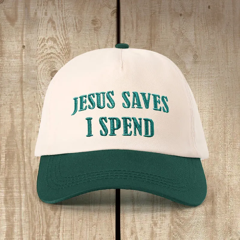 Christianartworkshop Jesus Saves I Spend Color - Blocked Hat: Faithful Humor for Everyday Wear sold by Christian Art Workshop product image thumbnail 2