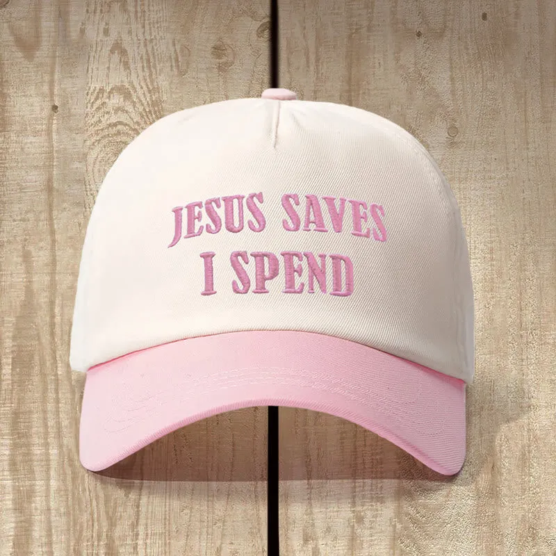 Christianartworkshop Jesus Saves I Spend Color - Blocked Hat: Faithful Humor for Everyday Wear sold by Christian Art Workshop