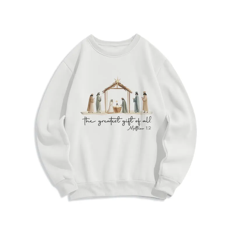Christianartworkshop Cozy Nativity Scene Greatest Gift Scripture Fleece Lined Polyester Sweatshirt sold by Christian Art Workshop product image thumbnail 3