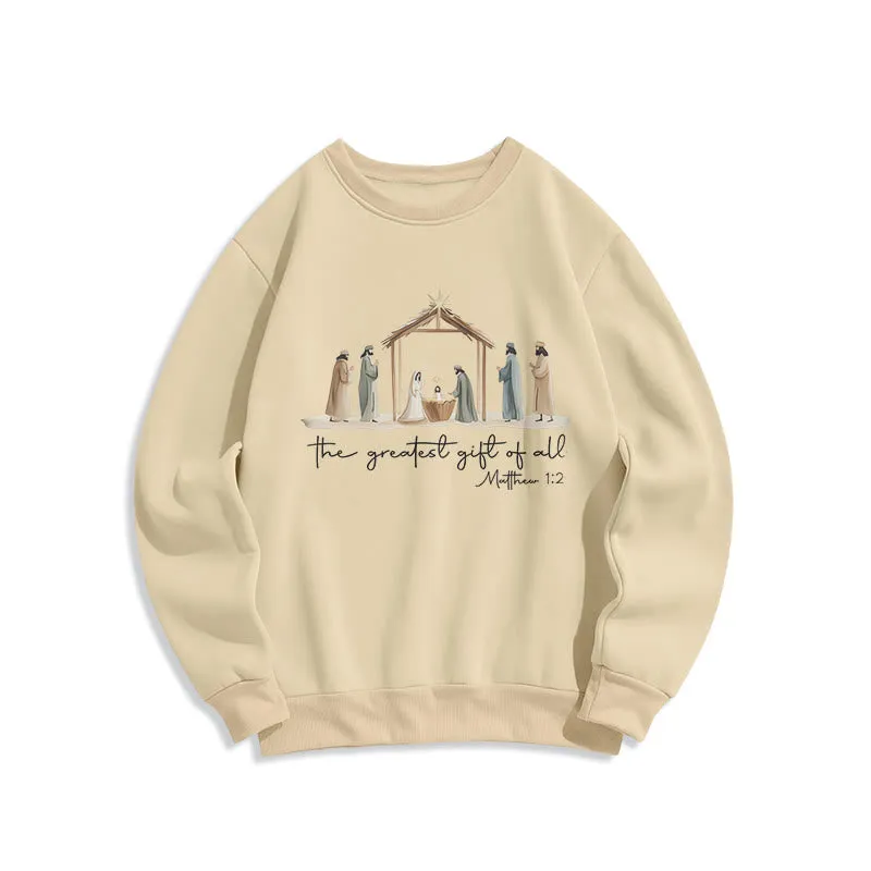Christianartworkshop Cozy Nativity Scene Greatest Gift Scripture Fleece Lined Polyester Sweatshirt sold by Christian Art Workshop product image thumbnail 4