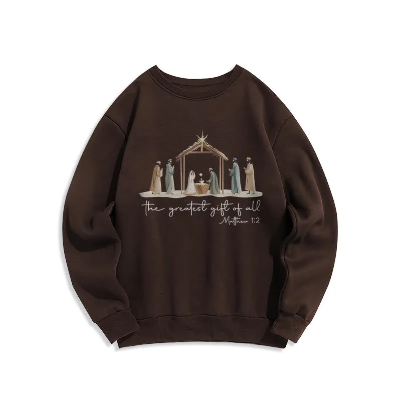 Christianartworkshop Cozy Nativity Scene Greatest Gift Scripture Fleece Lined Polyester Sweatshirt sold by Christian Art Workshop product image thumbnail 5