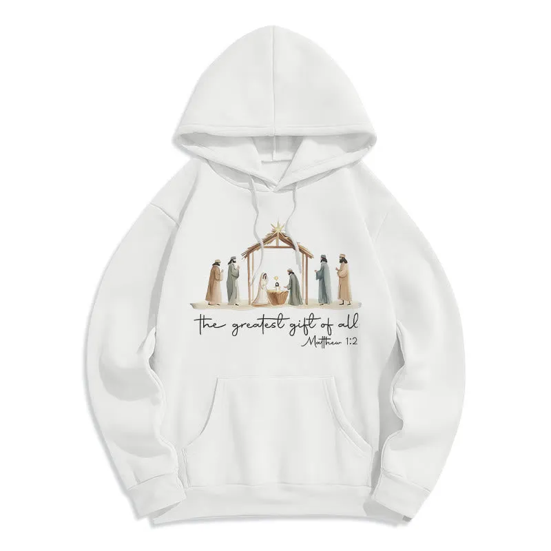 Christianartworkshop Cozy Nativity Scene Greatest Gift Scripture Fleece Lined Polyester Hoodie sold by Christian Art Workshop product image thumbnail 3