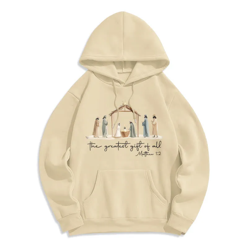Christianartworkshop Cozy Nativity Scene Greatest Gift Scripture Fleece Lined Polyester Hoodie sold by Christian Art Workshop product image thumbnail 4