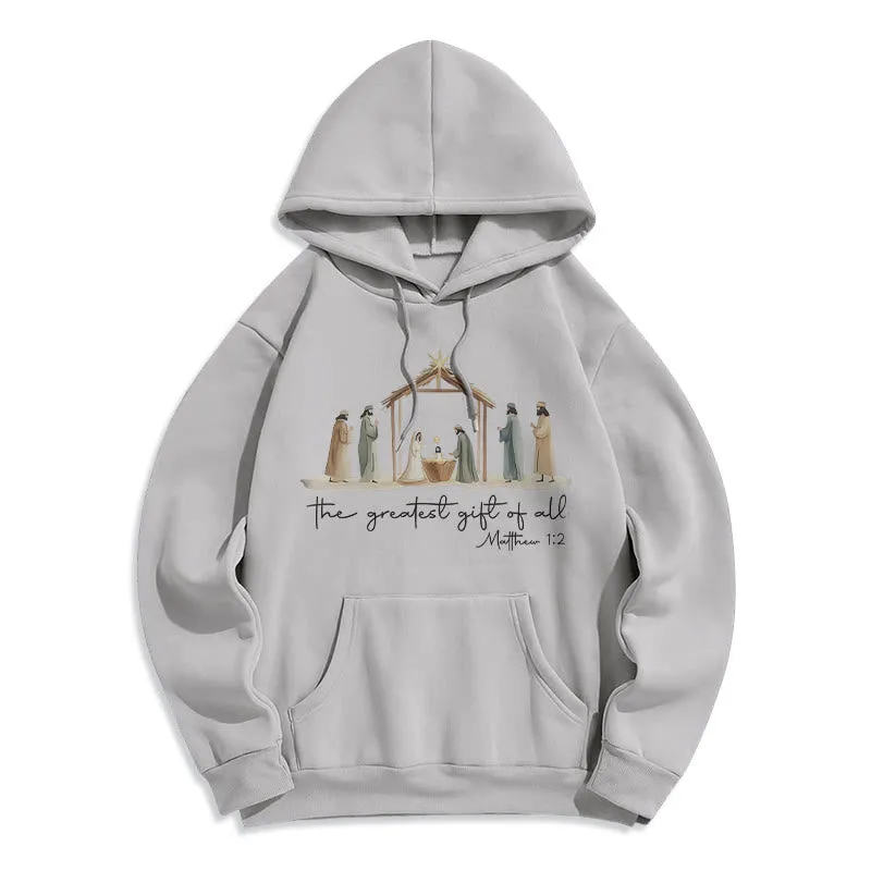Christianartworkshop Cozy Nativity Scene Greatest Gift Scripture Fleece Lined Polyester Hoodie sold by Christian Art Workshop product image thumbnail 5