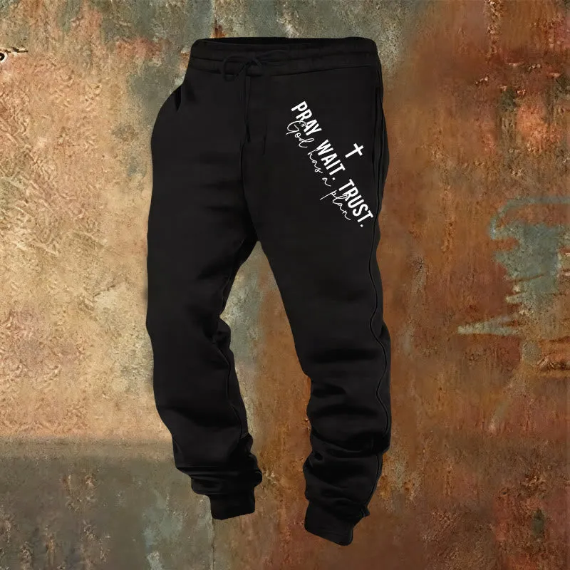 Christianartworkshop Pray Wait Trust Statement Sweatpants: Side-Hip Faith Mantra sold by Christian Art Workshop