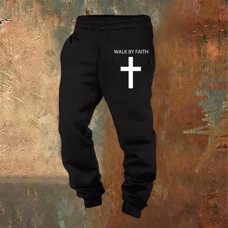 Christianartworkshop Revival Streetwear Walk by Faith Sweatpants: Cross on Side-Leg sold by Christian Art Workshop