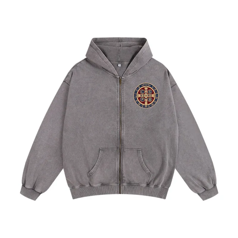 Christianartworkshop St. Benedict Cross Hooded Jacket: Faith Protection for Daily Wear sold by Christian Art Workshop