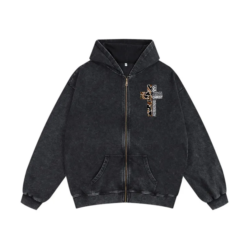 Christianartworkshop Cross Motif Hooded Jacket: All Things Through Christ for Church & Daily sold by Christian Art Workshop