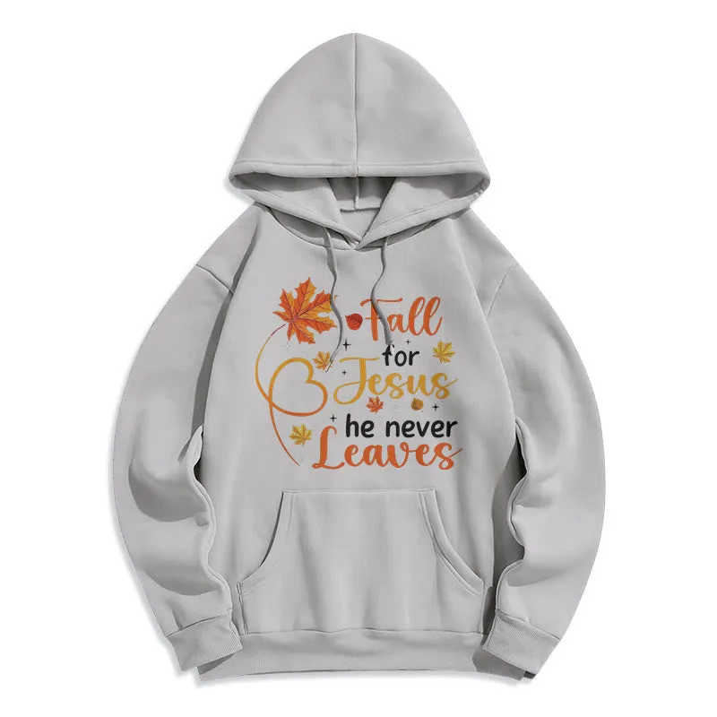 Christianartworkshop Fall For Jesus He Never Leaves Autumn Faith Fleece Lined Polyester Hoodie sold by Christian Art Workshop