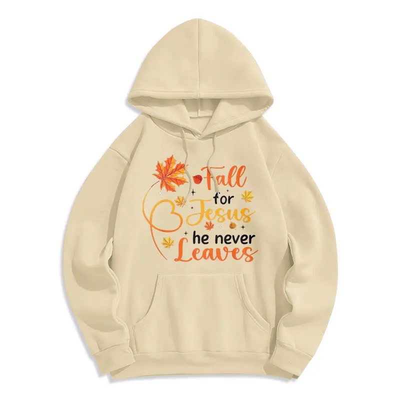 Christianartworkshop Fall For Jesus He Never Leaves Autumn Faith Fleece Lined Polyester Hoodie sold by Christian Art Workshop product image thumbnail 3