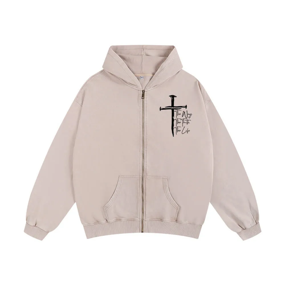 Christianartworkshop Faith Path Cross Hooded Jacket: The Way The Truth The Life in Casual Wear sold by Christian Art Workshop