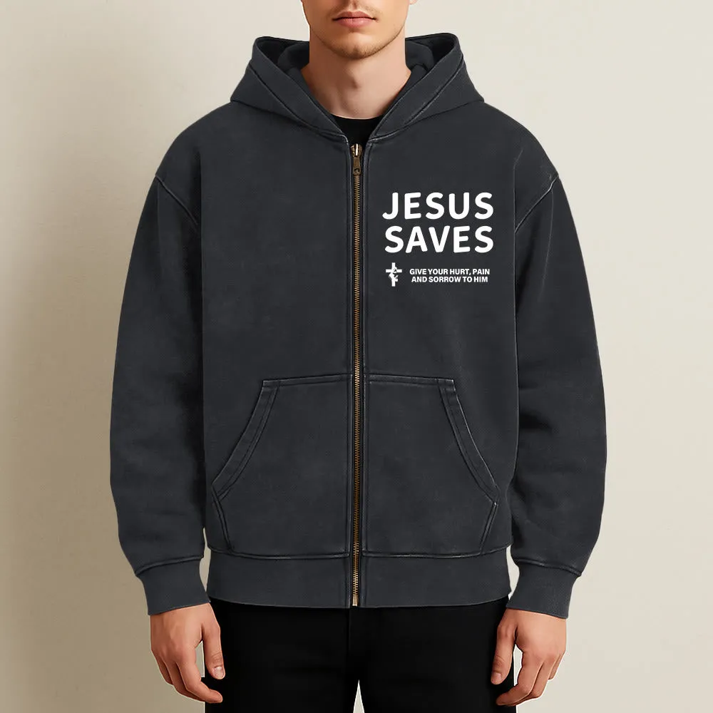 Christianartworkshop Jesus Saves Devotion Hooded Jacket: Express Faith in Daily Life with Ease sold by Christian Art Workshop product image thumbnail 2
