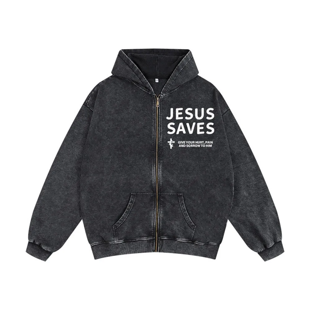 Christianartworkshop Jesus Saves Devotion Hooded Jacket: Express Faith in Daily Life with Ease sold by Christian Art Workshop
