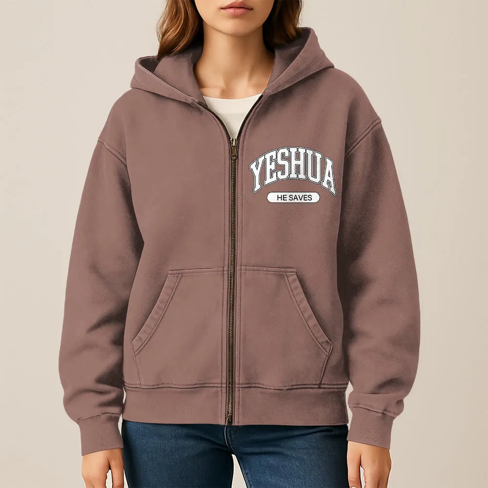 Christianartworkshop YESHUA He Saves Graphic Zip-Up Hooded Jacket: Blend of Faith & Casual Fashion sold by Christian Art Workshop product image thumbnail 3