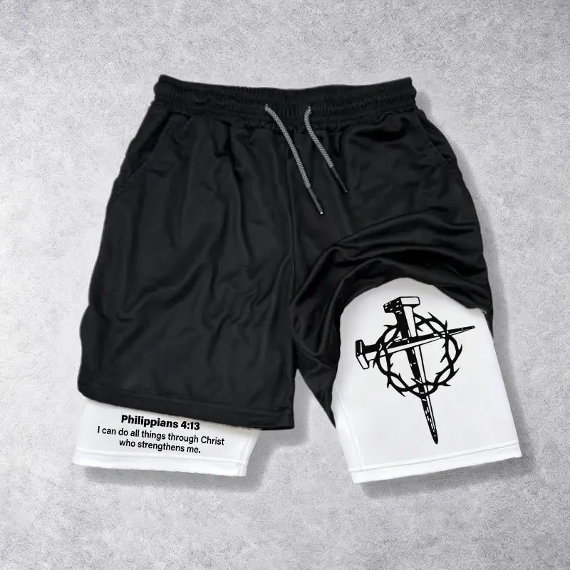 Christianartworkshop Philippians 4:13 Faith Performance Shorts with Nail & Crown Cross sold by Christian Art Workshop