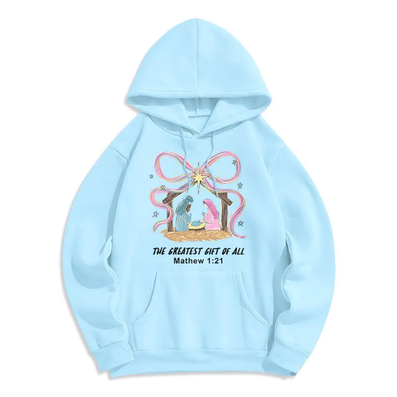 Christianartworkshop The Greatest Gift of All Christmas Fleece Lined Polyester Hoodie sold by Christian Art Workshop product image thumbnail 4