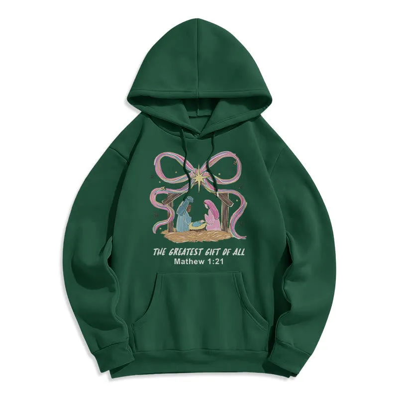 Christianartworkshop The Greatest Gift of All Christmas Fleece Lined Polyester Hoodie sold by Christian Art Workshop