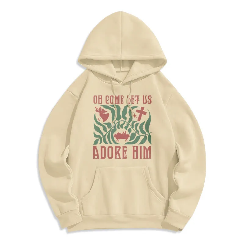 Christianartworkshop Oh Come Let Us Adore Him Christmas Tree Faith Fleece Lined Polyester Hoodie sold by Christian Art Workshop product image thumbnail 5