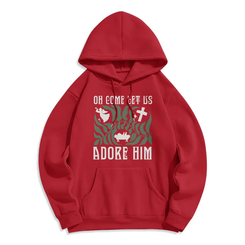 Christianartworkshop Oh Come Let Us Adore Him Christmas Tree Faith Fleece Lined Polyester Hoodie sold by Christian Art Workshop product image thumbnail 3